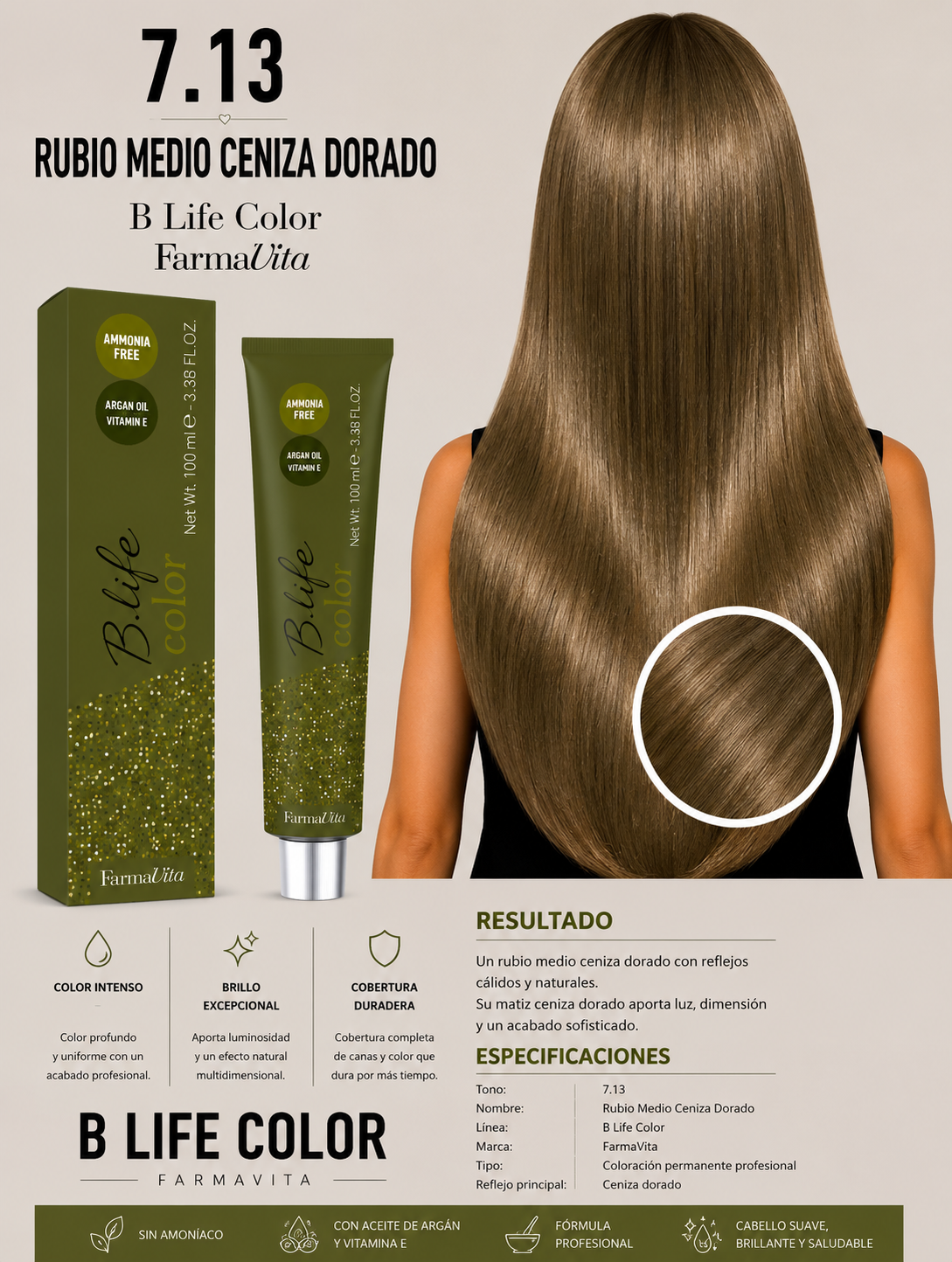 Tinte B Life Color FarmaVita 7.13 – Rubio Medio Ceniza Dorado