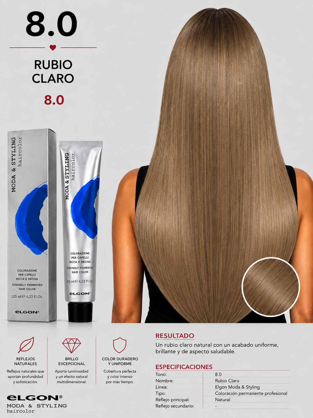 Elgon Moda & Styling 8.0 Rubio Claro | Tintura Profesional Permanente 125 ml