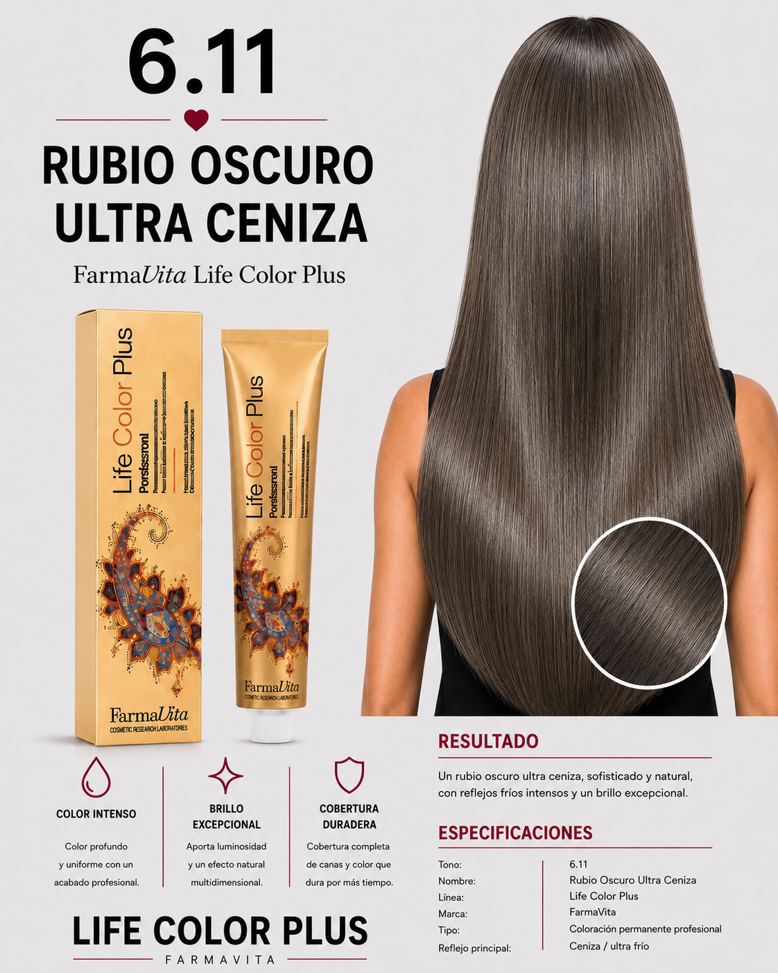 Farmavita Life Color Plus 6.11 Rubio Oscuro Ultra Ceniza – Tintura Profesional 100 ml
