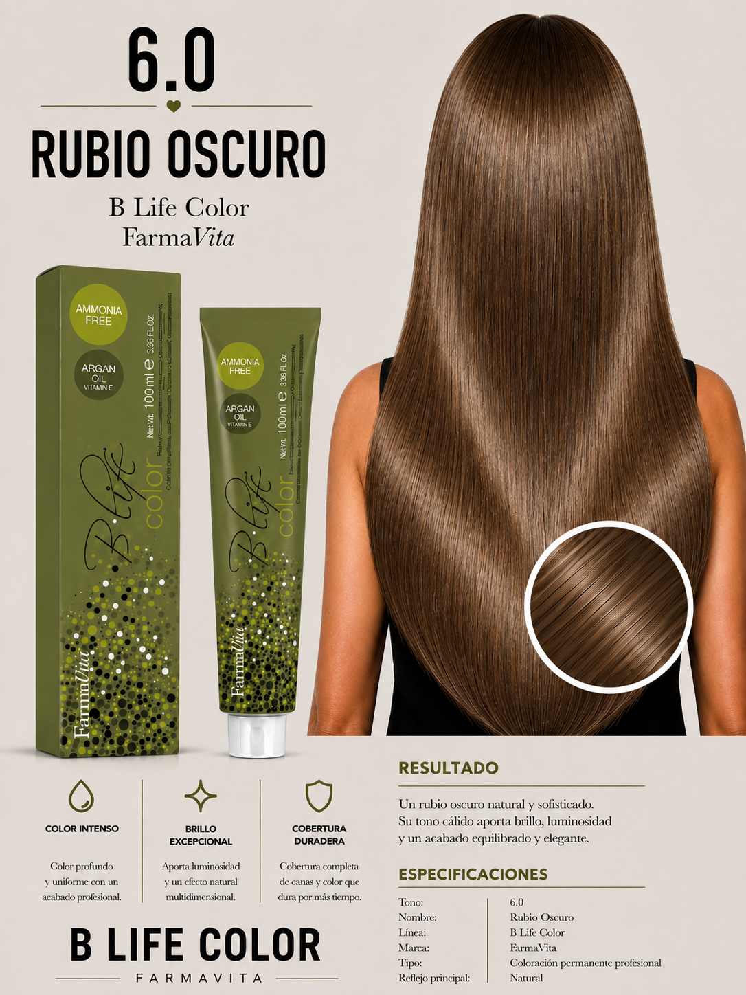 🤎 TINTURA B LIFE COLOR FARMAVITA 6.0 RUBIO OSCURO 🤎