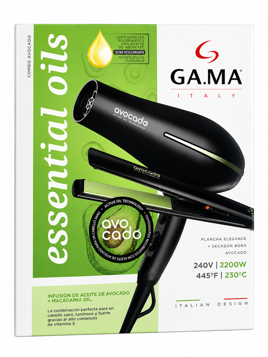 Kit Secador y Plancha de Pelo GAMA Italy Essential Oils Avocado