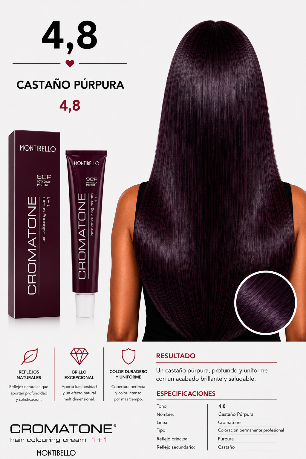 – Tintura Cromatone Montibello 4.8 Castaño Púrpura | Coloración Profesional Permanente