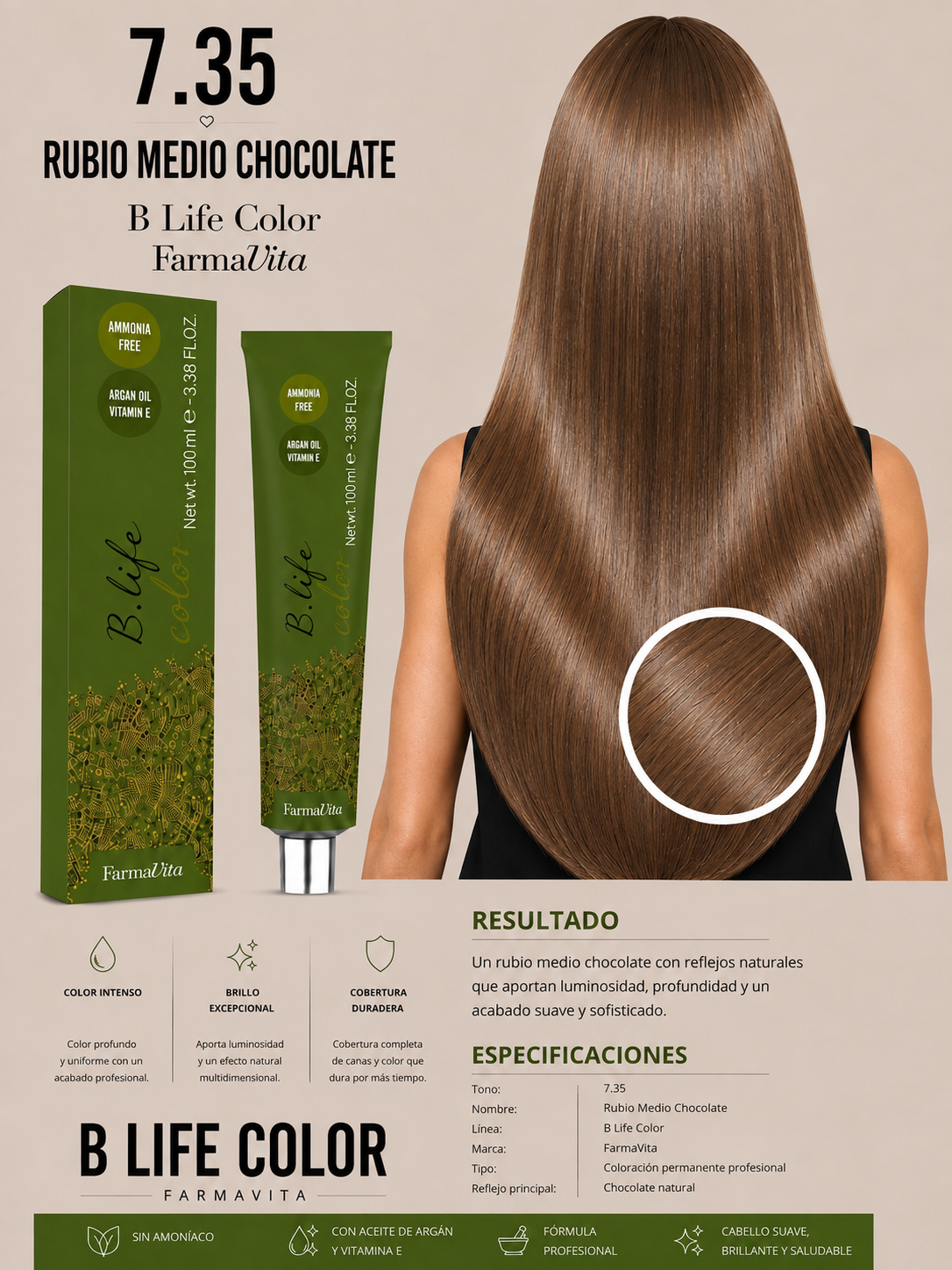 ✨ B Life Color Farmavita 7.35 – Rubio Medio Chocolate 🍫🤎