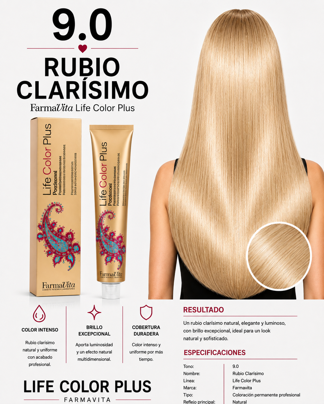 Farmavita Life Color Plus 9.0 Rubio Clarísimo – Tintura Profesional 100 ml