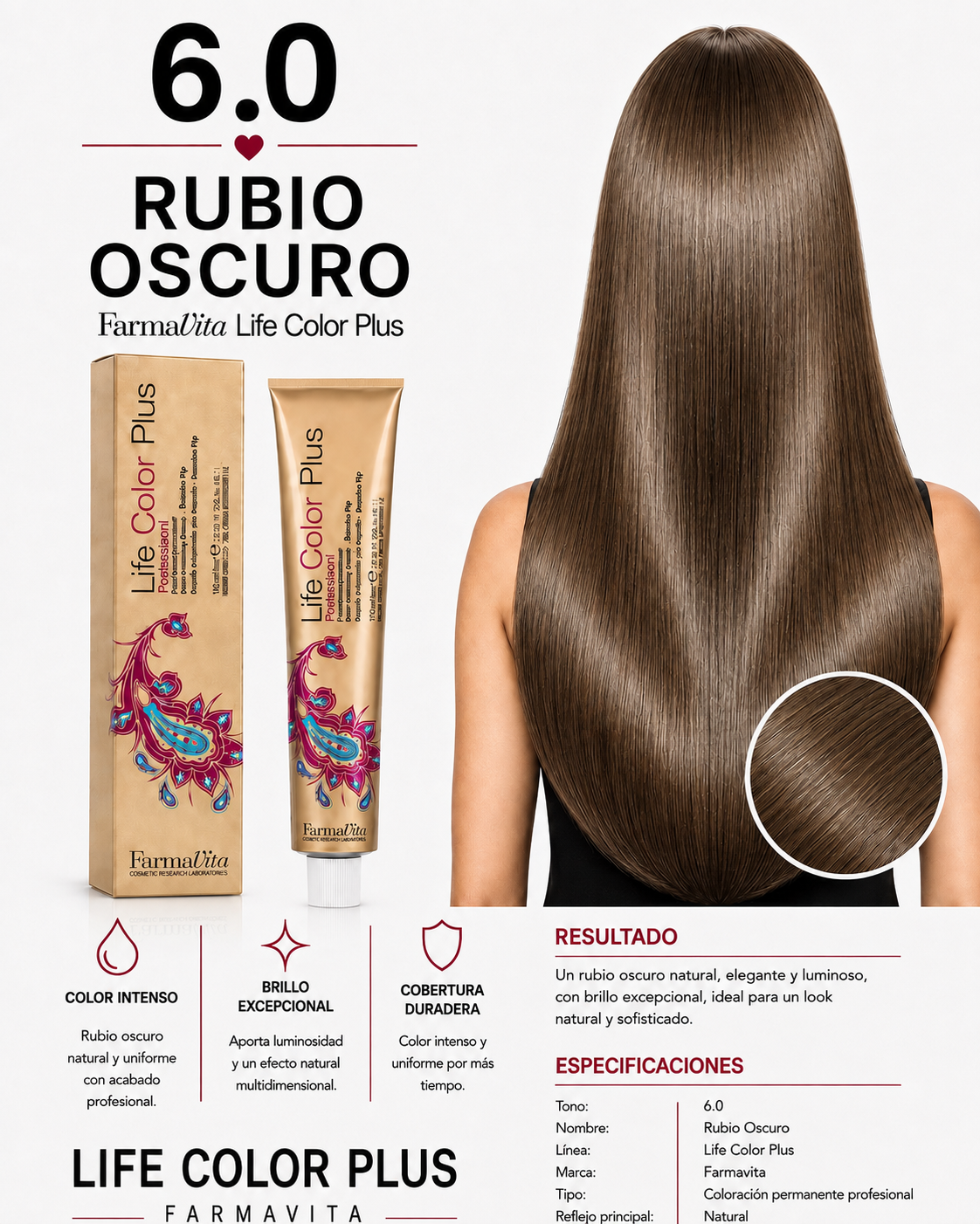 Farmavita Life Color Plus 6.0 Rubio Oscuro – Tintura Profesional 100 ml