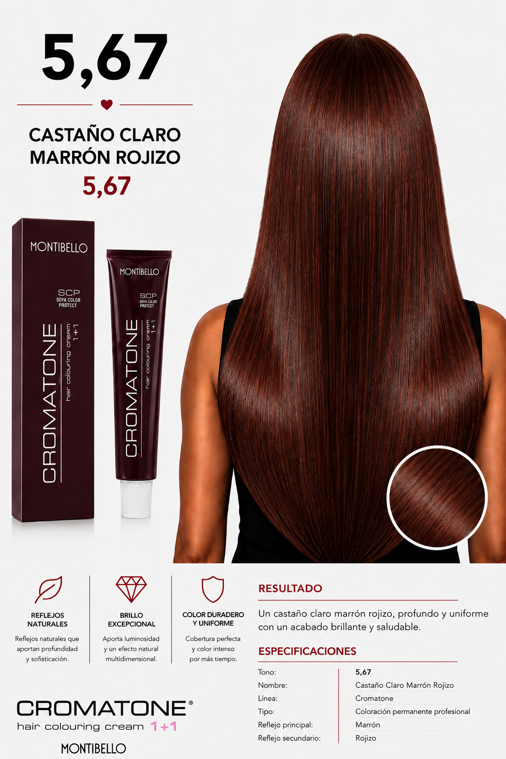 Tintura Cromatone Montibello 5.67 Castaño Claro Marrón Rojizo | Coloración Profesional Permanente
