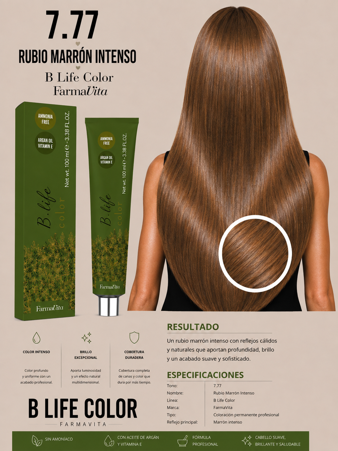 ✨ Tinte B Life Color FarmaVita 7.77 – Rubio Marrón Intenso ✨