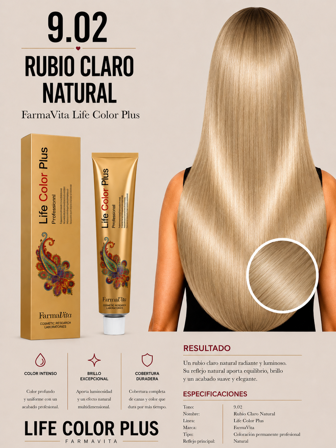 FarmaVita Life Color Plus 9.02 Rubio Claro Perla | Tintura Profesional