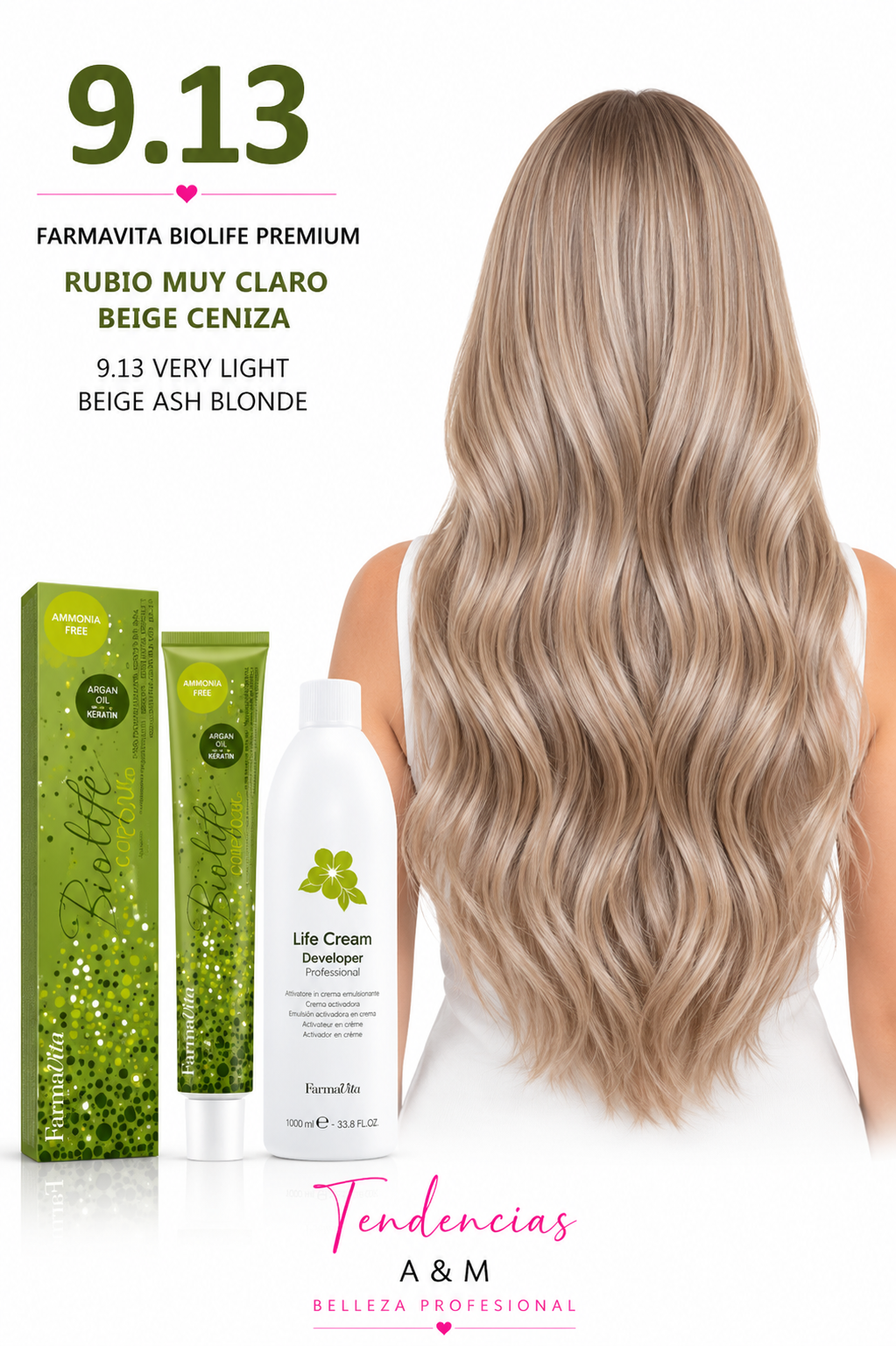 rubio clarisimo beige CENIZA 9.13 tintura sin amoniaco farmavita