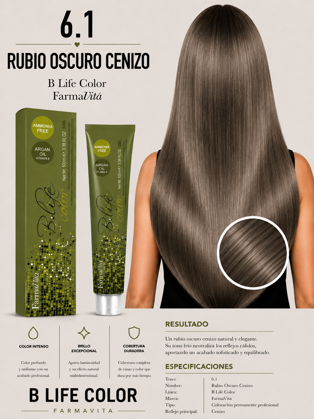 🩶 TINTURA B LIFE COLOR FARMAVITA 6.1 RUBIO OSCURO CENIZO 🩶