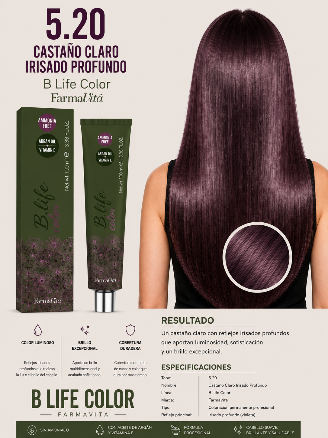 💜 Tinte B Life Color FarmaVita 5.20 – Castaño Claro Irisado Profundo