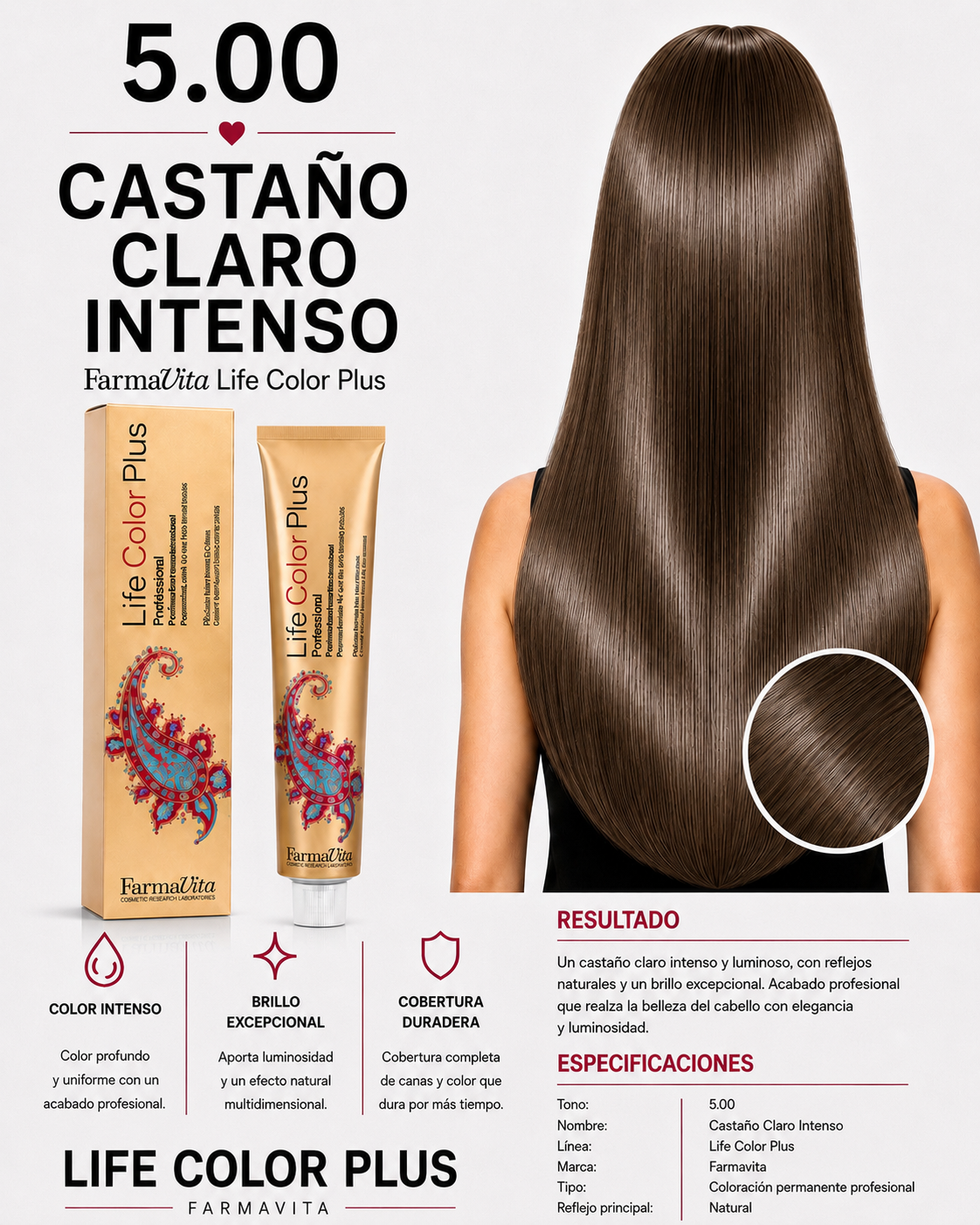 Farmavita Life Color Plus 5.00 Castaño Claro Intenso – Tintura Profesional 100 ml