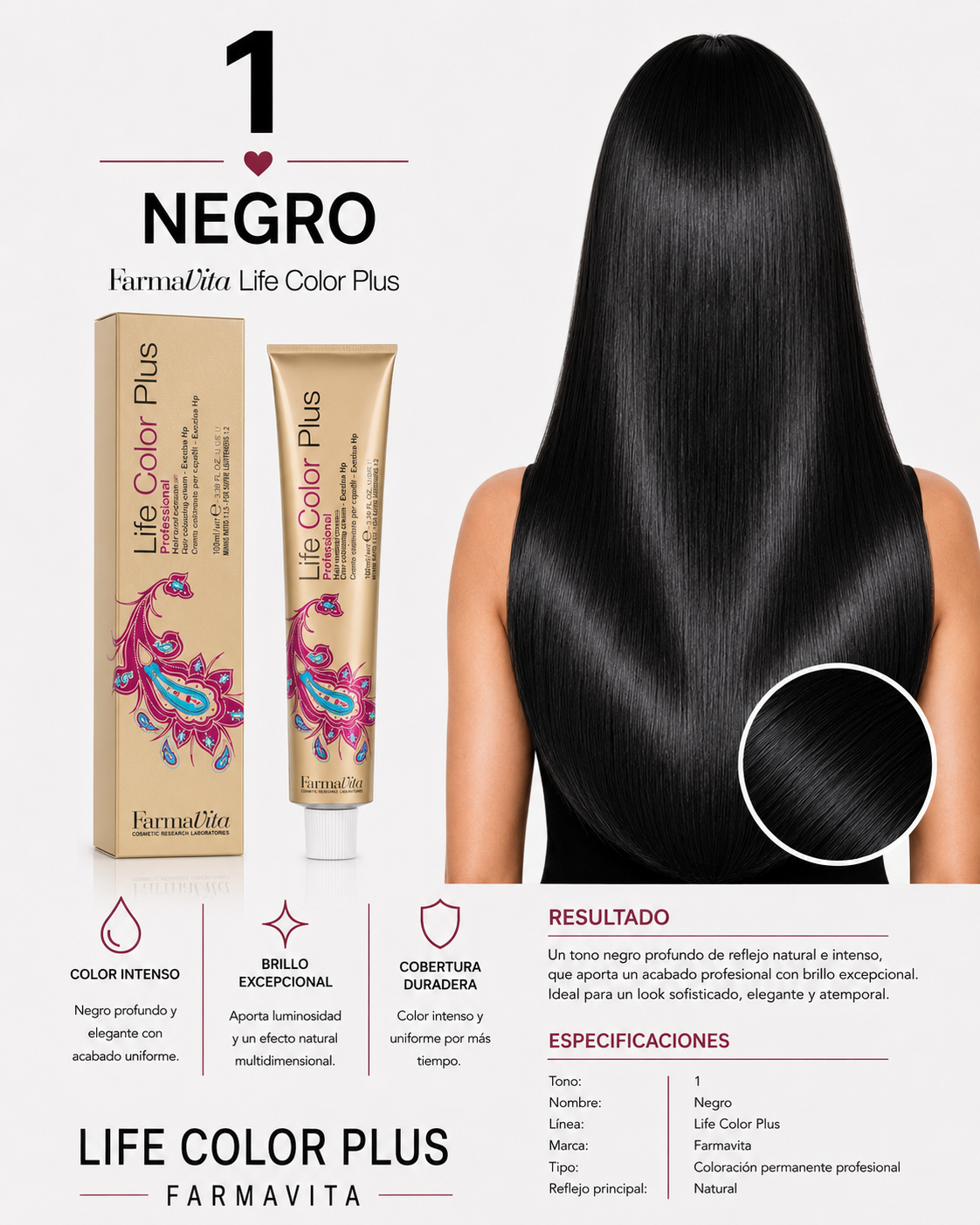 Farmavita Life Color Plus Tono 1 Negro – Tintura Profesional 100 ml