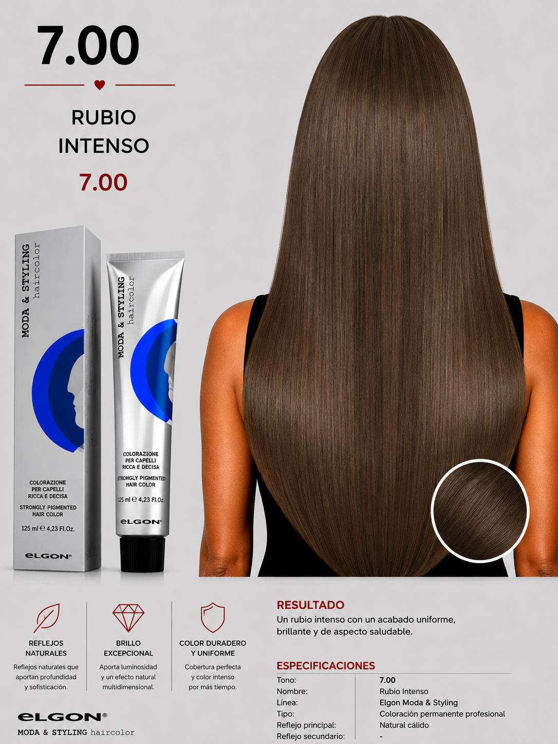 🤎 Elgon Moda & Styling 7.00 Rubio Intenso | Tintura Profesional Permanente 125 ml