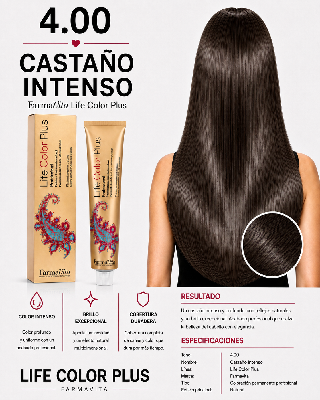 Farmavita Life Color Plus 4.00 Castaño Intenso – Tintura Profesional 100 ml