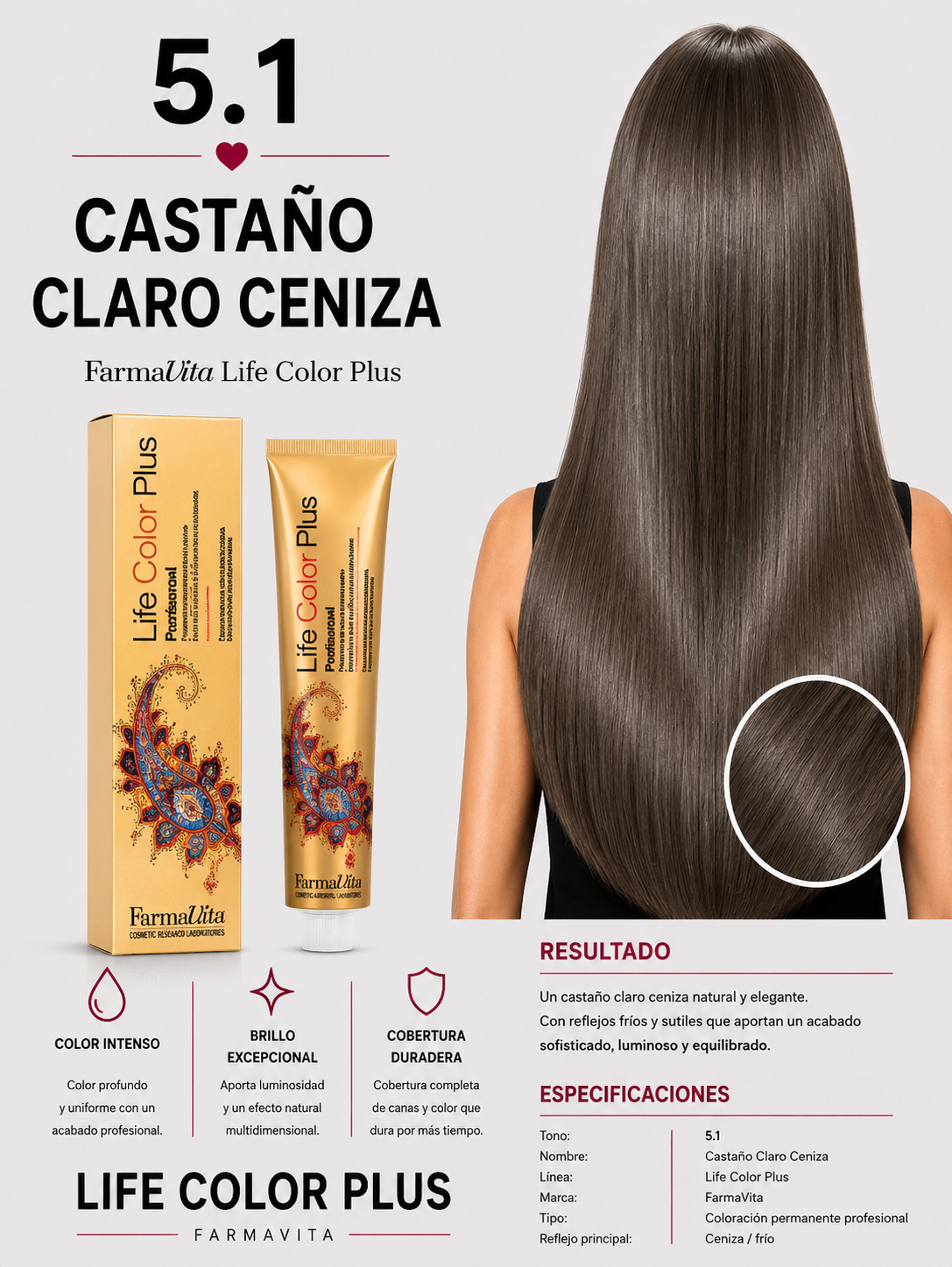 Farmavita Life Color Plus 5.1 Castaño Claro Ceniza – Tintura Profesional 100 ml