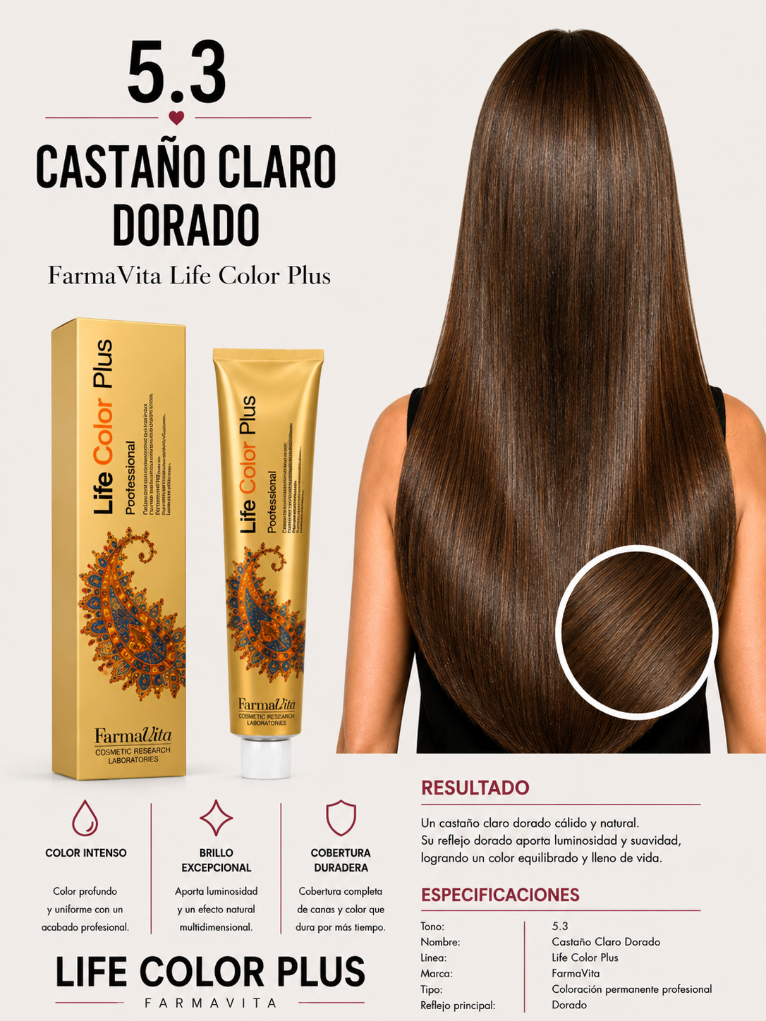 FarmaVita Life Color Plus 5.3 Castaño Claro Dorado | Tintura Profesional