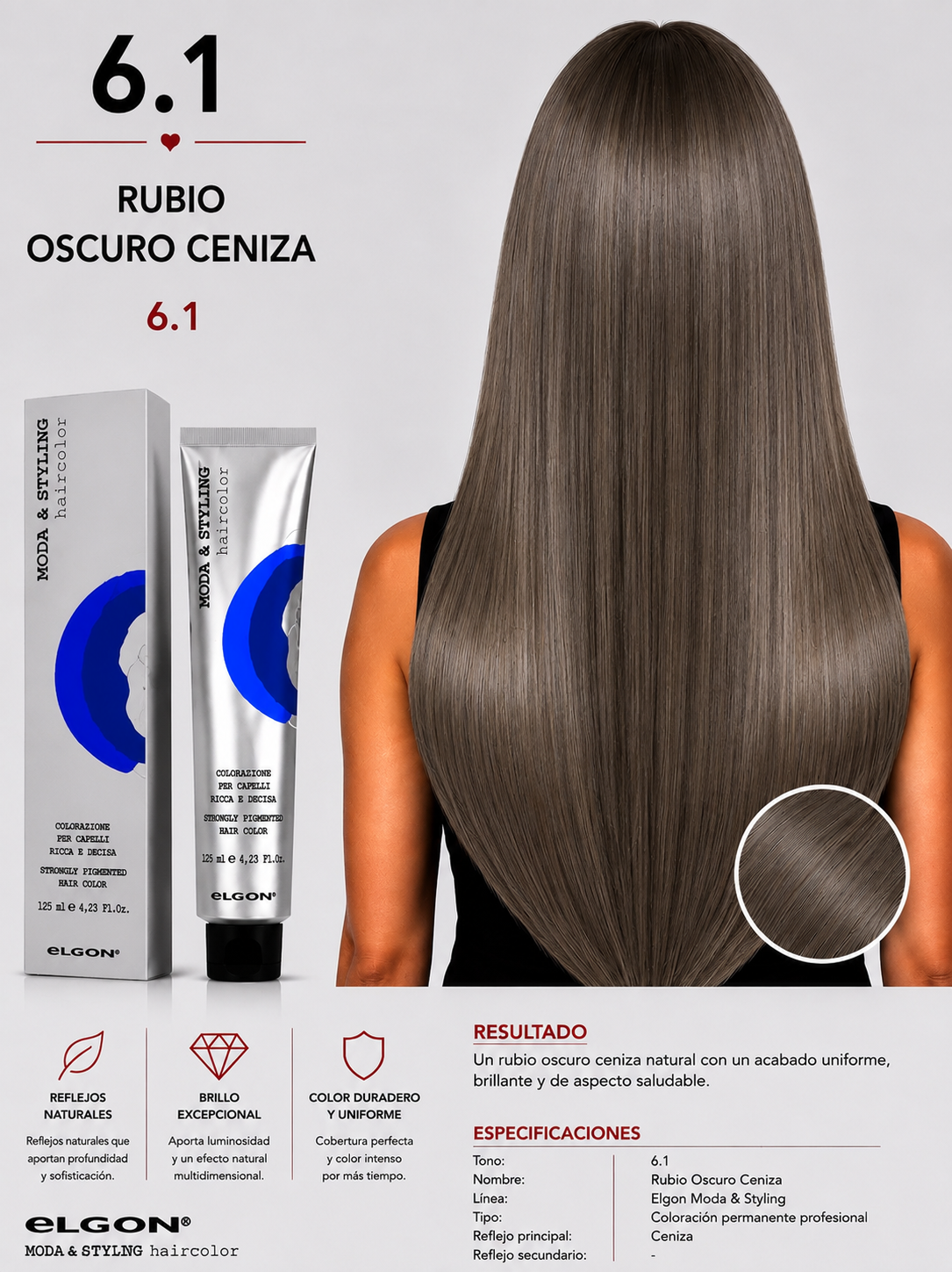 🩶 Elgon Moda & Styling 6.1 Rubio Oscuro Ceniza | Tintura Profesional Permanente 125 ml