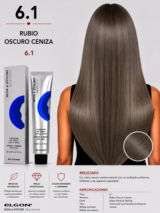 🩶 Elgon Moda & Styling 6.1 Rubio Oscuro Ceniza | Tintura Profesional Permanente 125 ml