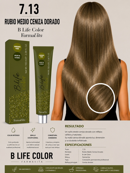 Tinte B Life Color FarmaVita 7.13 – Rubio Medio Ceniza Dorado