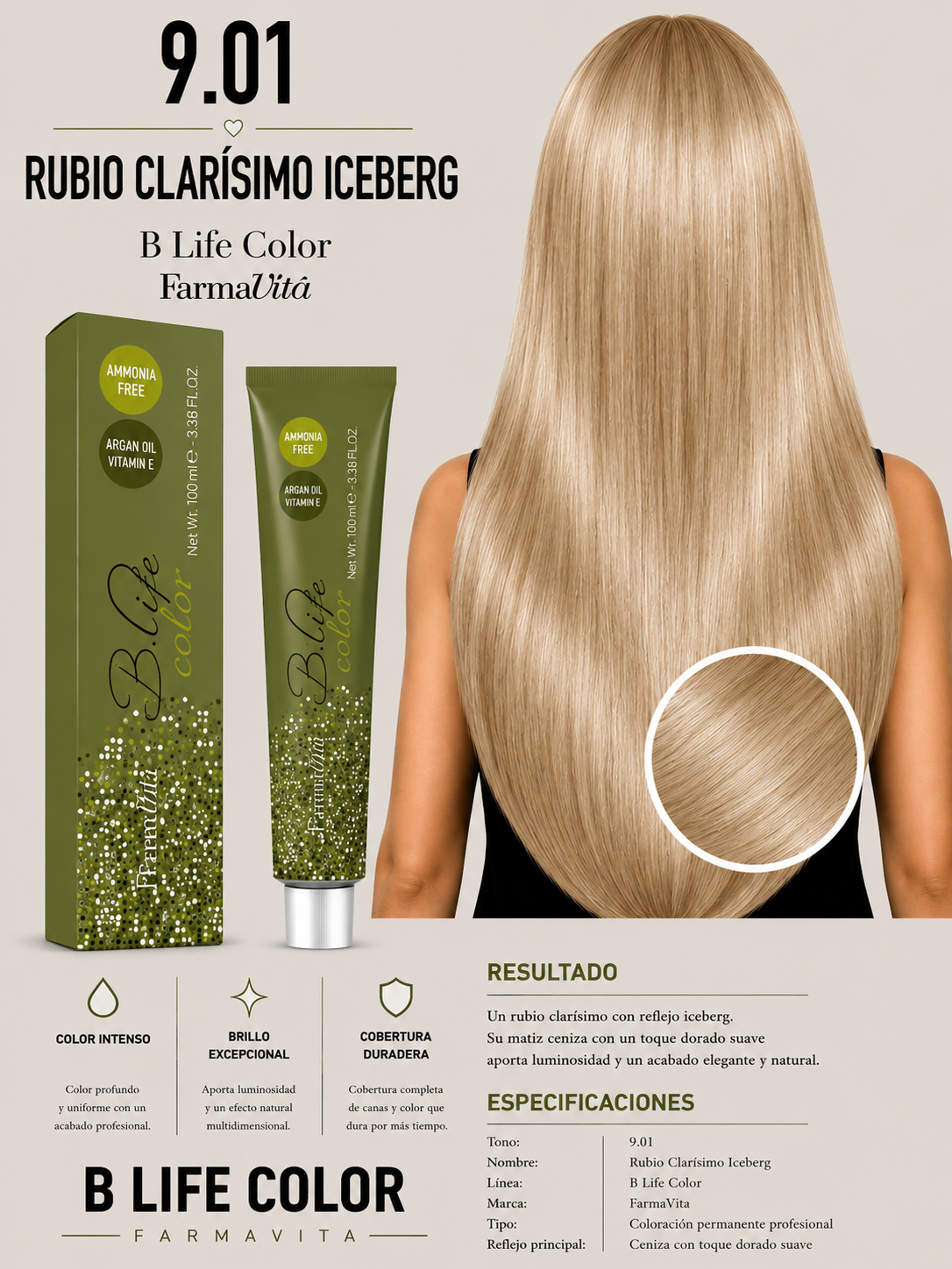 ✨ Tinte B Life Color FarmaVita 9.01 – Rubio Clarísimo Iceberg ✨