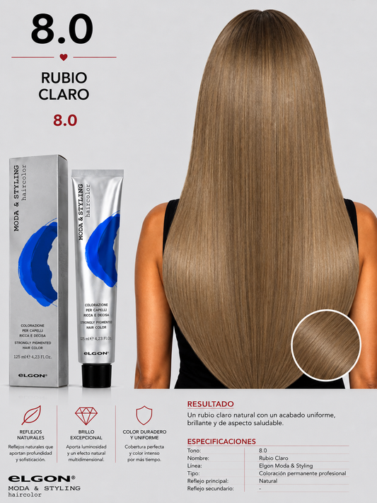 Elgon Moda & Styling 8.0 Rubio Claro | Tintura Profesional Permanente 125 ml