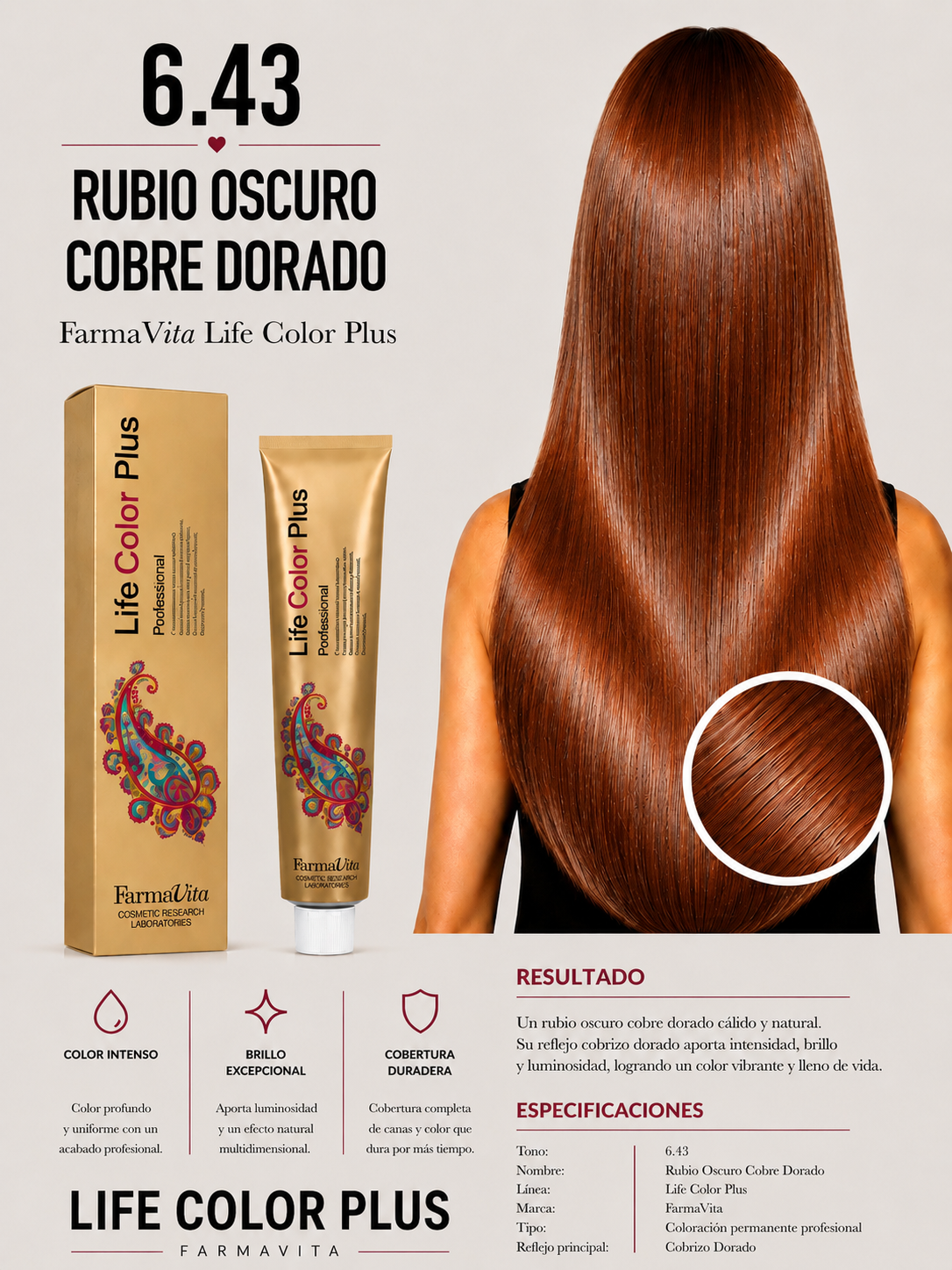 Tintura Farmavita Life Color Plus 6.43 Rubio Oscuro Cobre Dorado Profesional