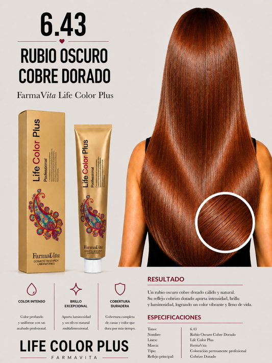 Tintura Farmavita Life Color Plus 6.43 Rubio Oscuro Cobre Dorado Profesional