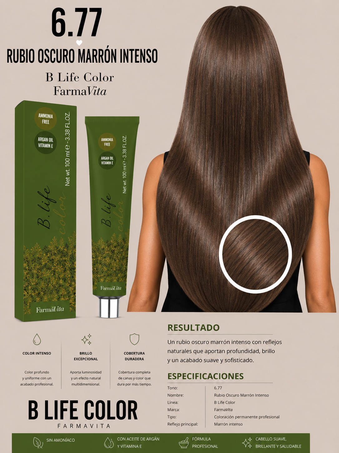 🤎✨ B Life Color Farmavita 6.77 – Rubio Oscuro Marrón Intenso ✨
