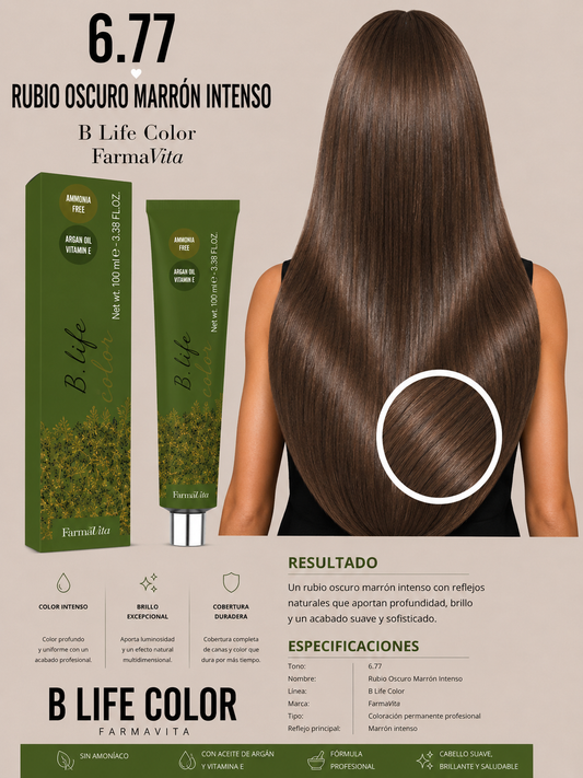 🤎✨ B Life Color Farmavita 6.77 – Rubio Oscuro Marrón Intenso ✨