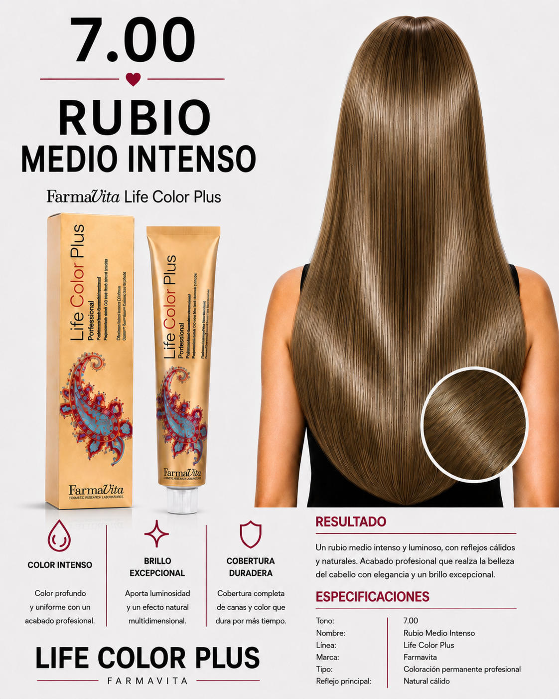 Farmavita Life Color Plus 7.00 Rubio Medio Intenso – Tintura Profesional 100 ml
