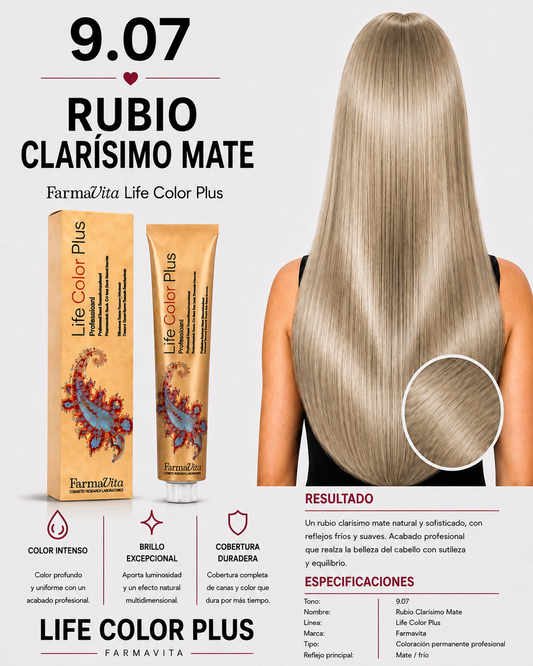 Farmavita Life Color Plus 9.07 Rubio Clarísimo Mate – Tintura Profesional 100 ml