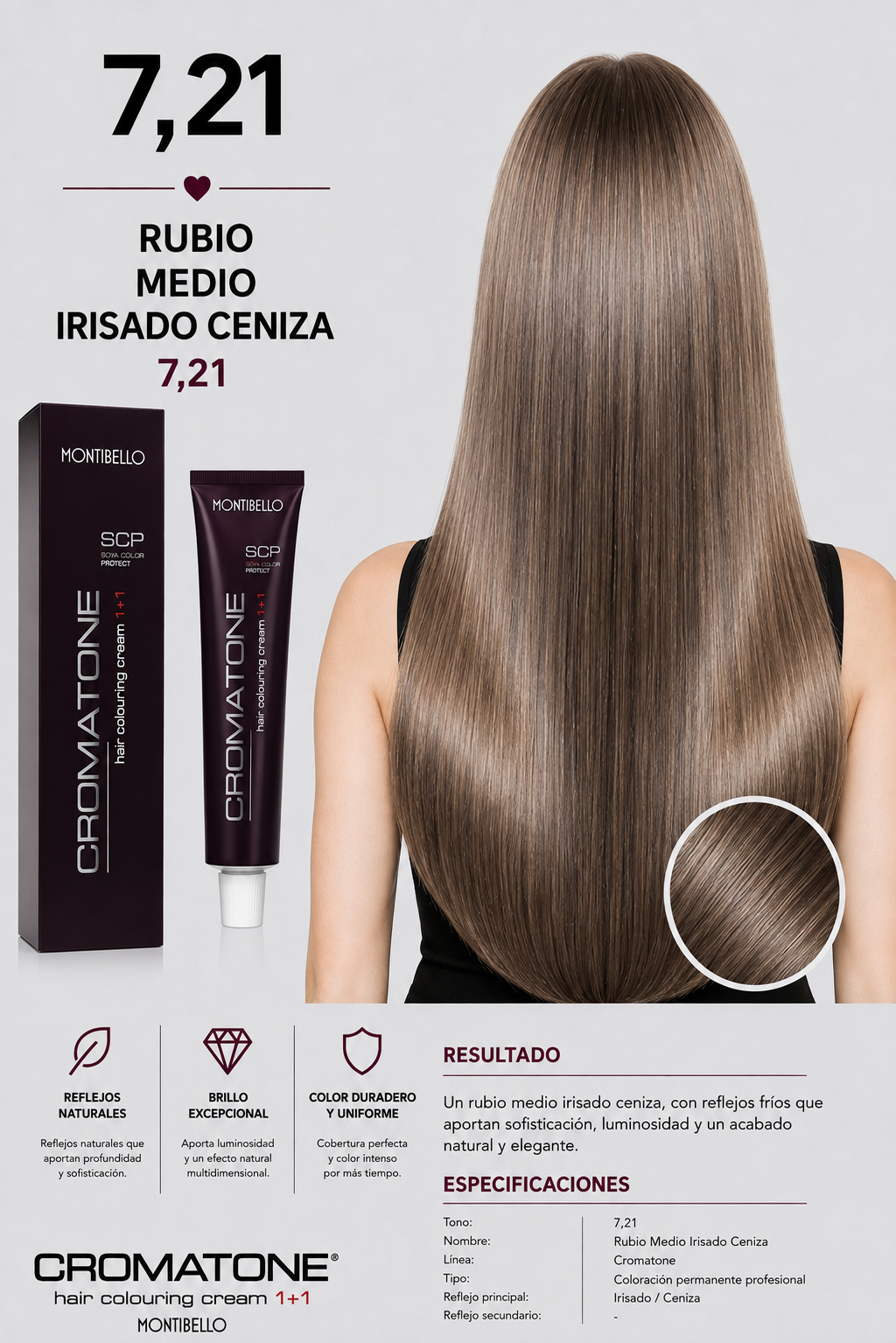 Cromatone Montibello 7,21 Rubio Medio Irisado Ceniza – Tintura Profesional