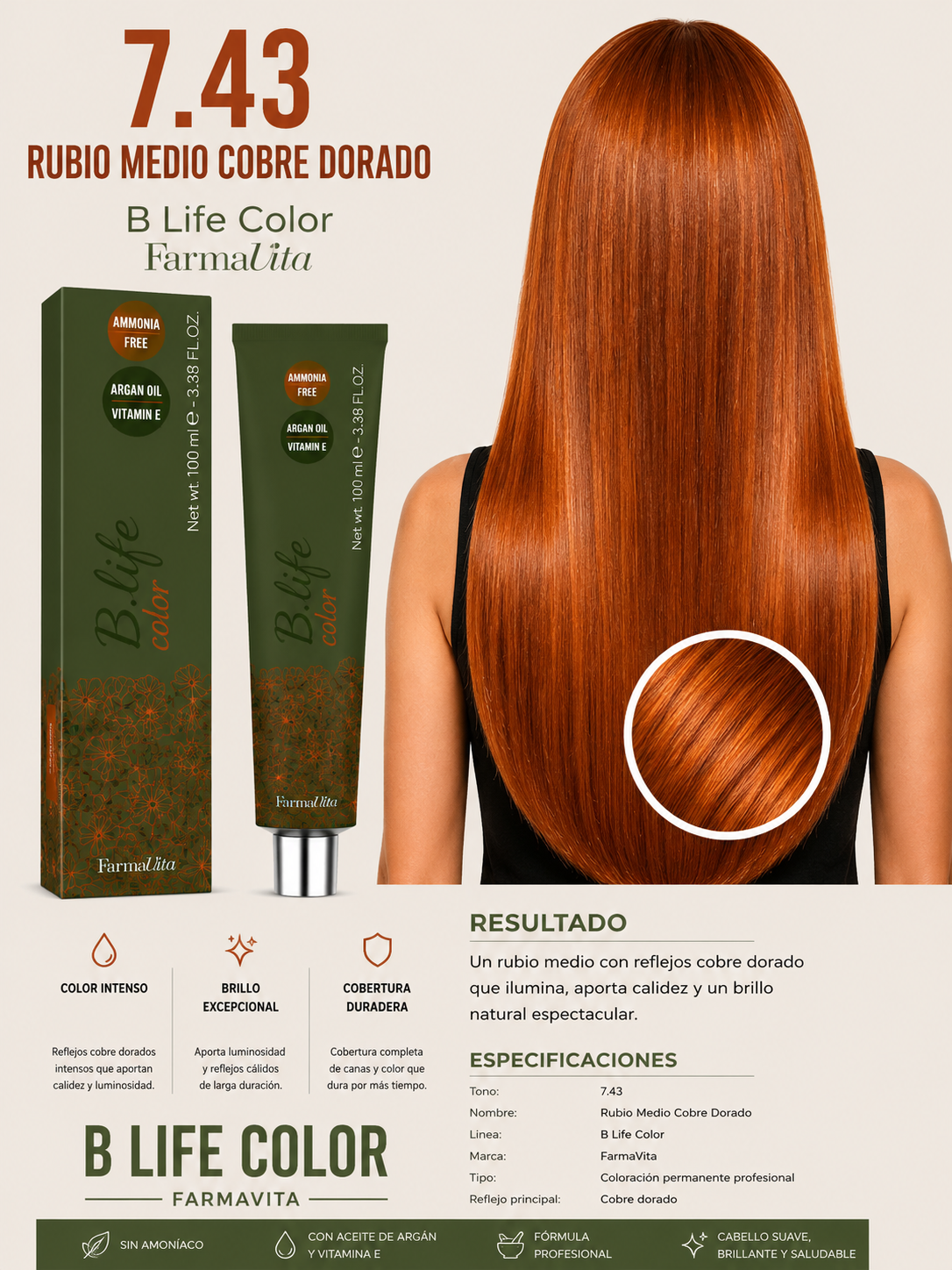 🧡 Tinte B Life Color FarmaVita 7.43 – Rubio Medio Cobre Dorado