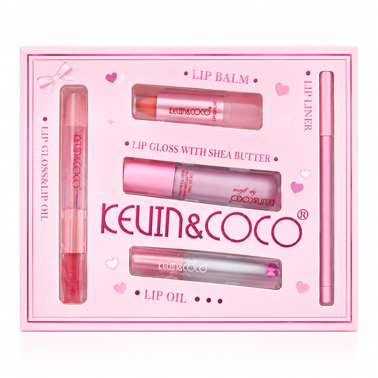 Set de Labios Kevin & Coco – Lip Gloss, Lip Oil, Lip Balm y Delineador
