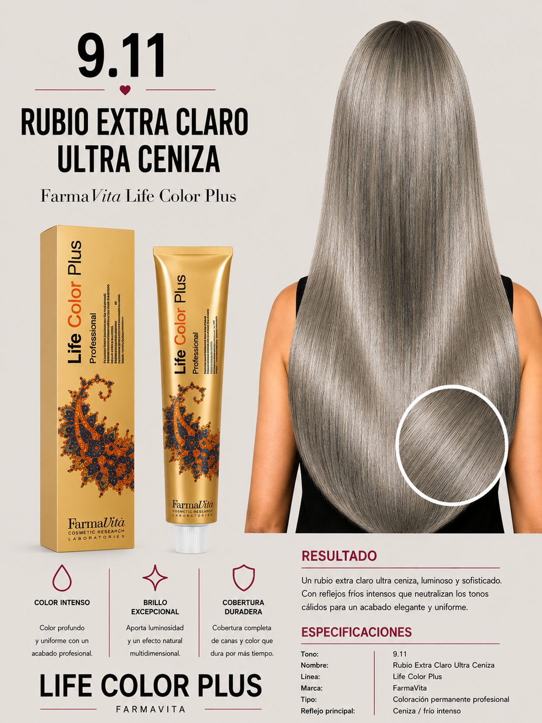 FarmaVita Life Color Plus 9.11 Rubio Extra Claro Ultra Ceniza | Tintura Profesional