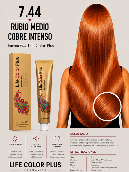Tinte Farmavita Life Color Plus 7.44 Rubio Medio Cobre Intenso | Coloración Profesional
