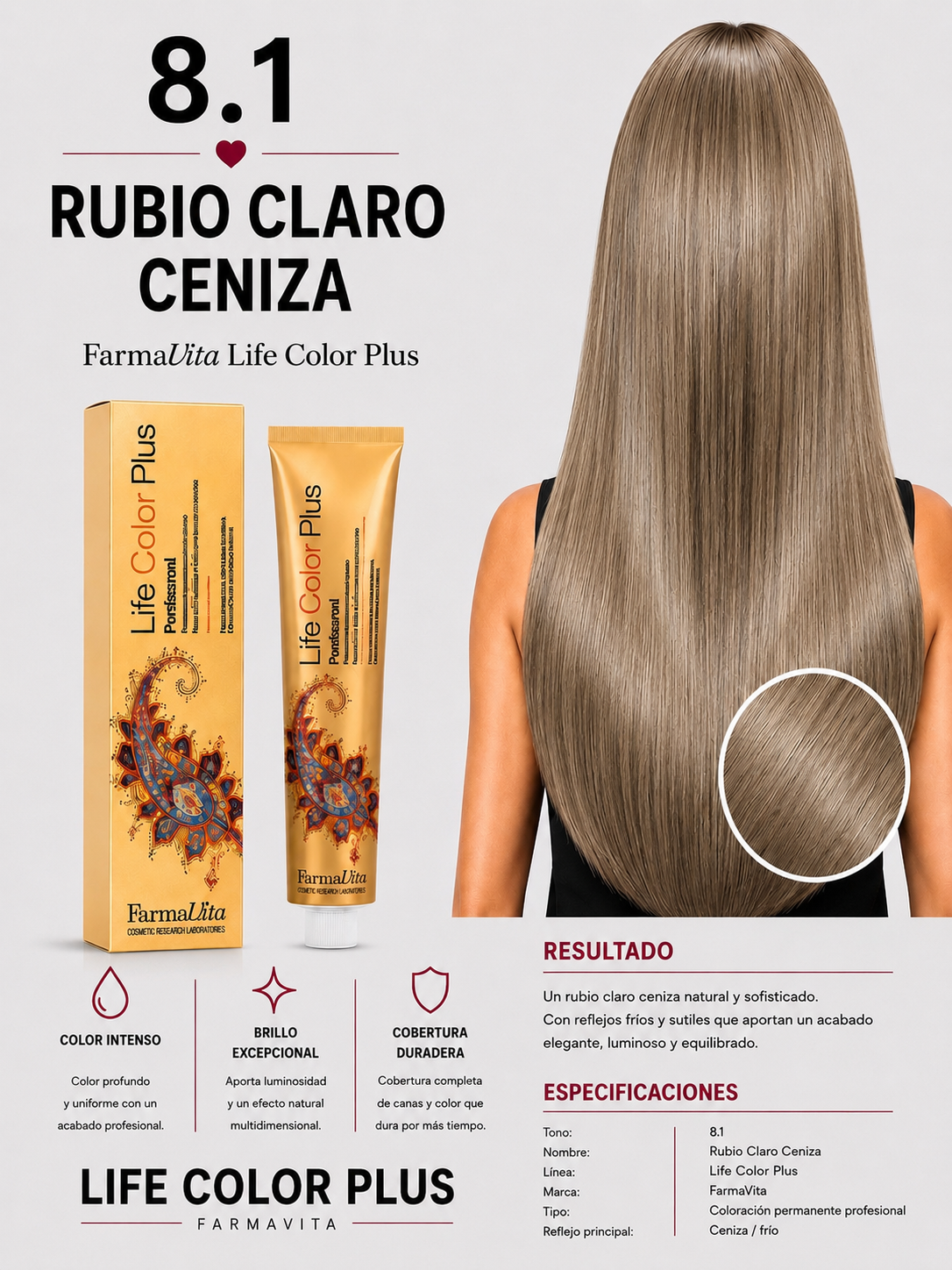 Farmavita Life Color Plus 9.1 Rubio Clarísimo Ceniza – Tintura Profesional 100