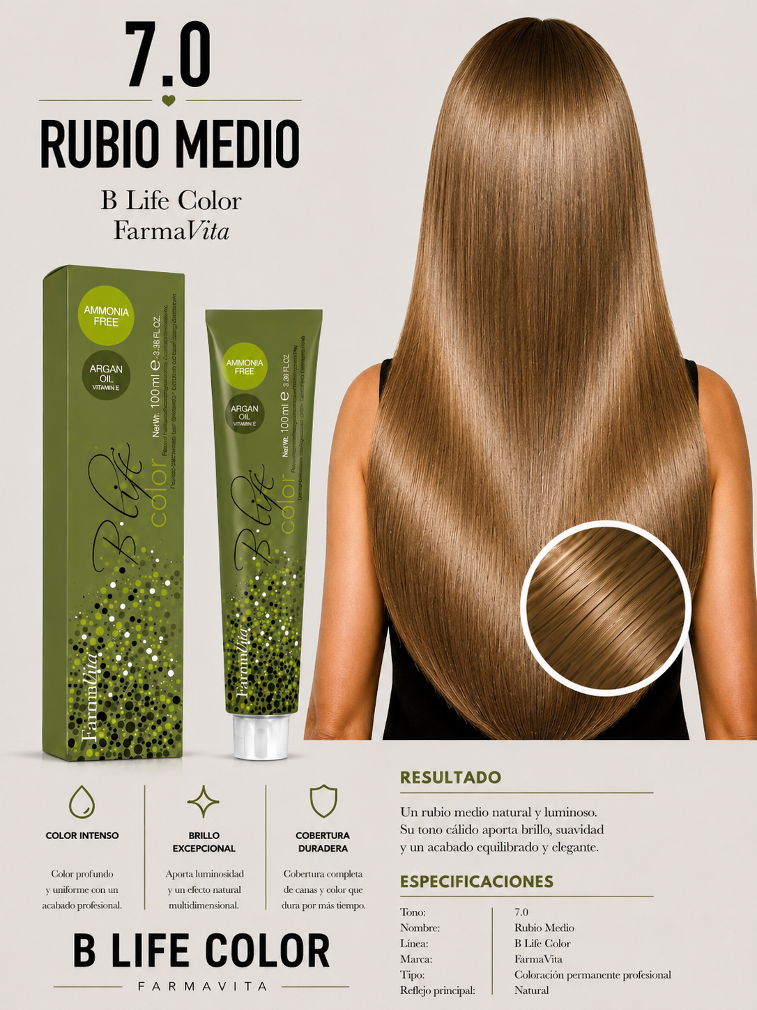 🤎✨ TINTURA B LIFE COLOR FARMAVITA 7.0 RUBIO MEDIO ✨🤎