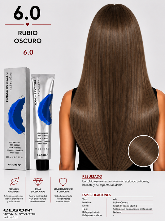 Elgon Moda & Styling 6.0 Rubio Oscuro | Tintura Profesional Permanente 125 ml