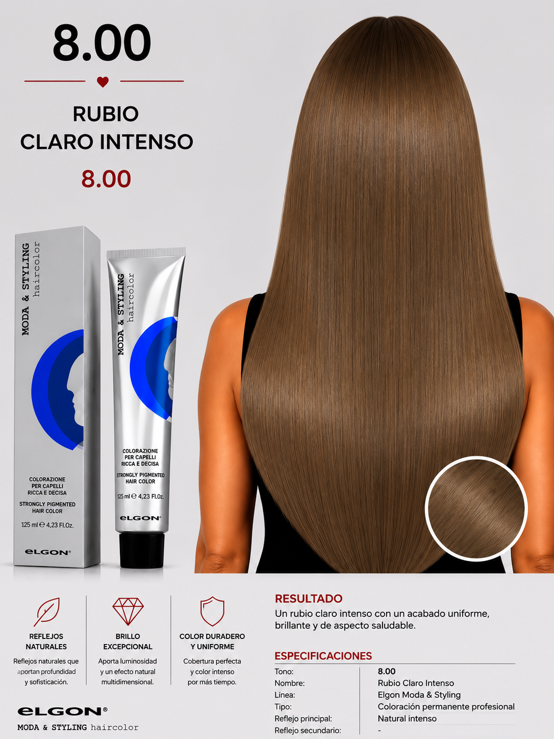 Elgon Moda & Styling 8.00 Rubio Claro Intenso | Tintura Profesional Permanente 125 ml