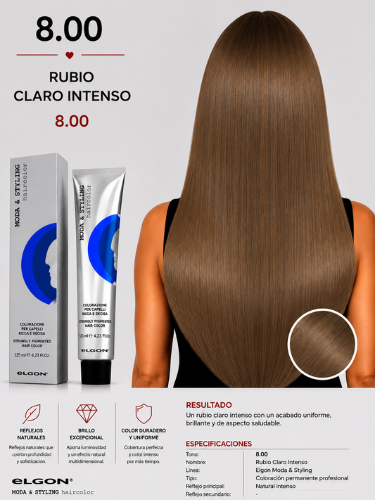Elgon Moda & Styling 8.00 Rubio Claro Intenso | Tintura Profesional Permanente 125 ml