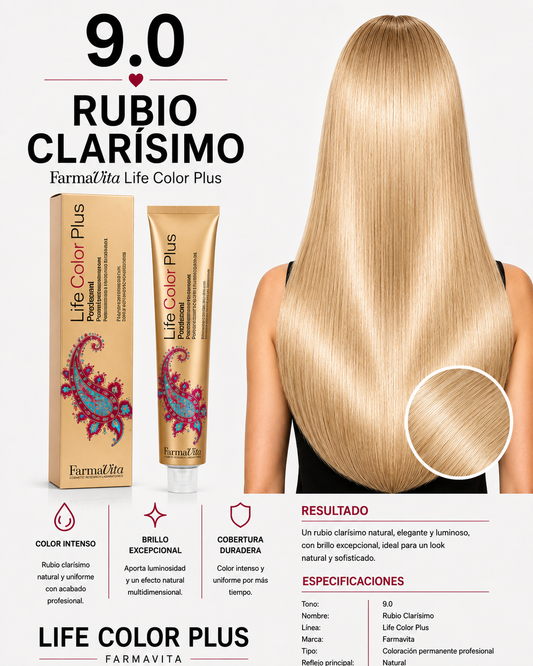 Farmavita Life Color Plus 9.0 Rubio Clarísimo – Tintura Profesional 100 ml