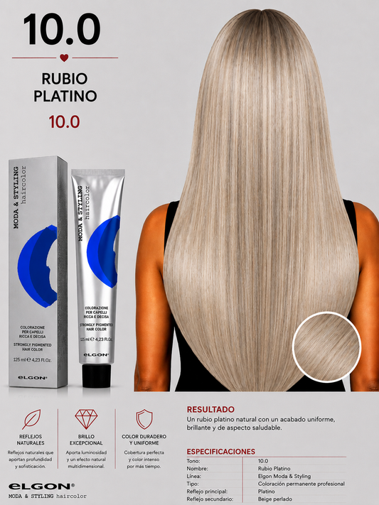 Elgon Moda & Styling 10.0 Rubio Platino | Tintura Profesional Permanente 125 ml
