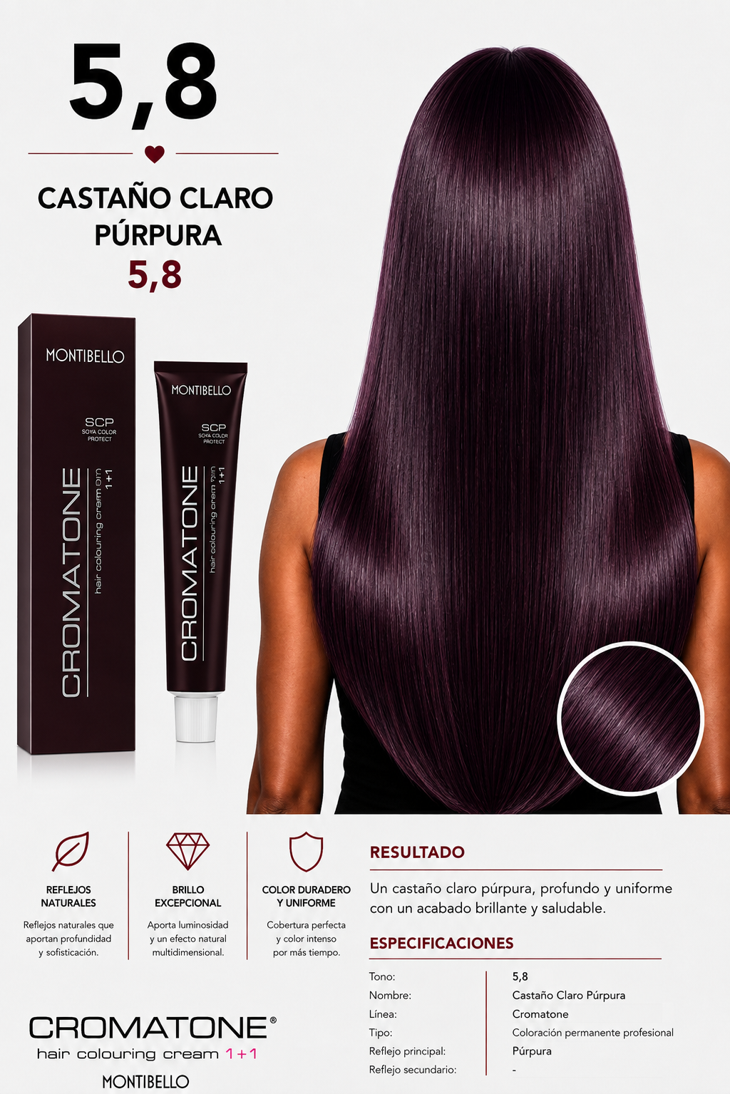 Tintura Cromatone Montibello 5.8 Castaño Claro Púrpura | Coloración Profesional Permanente