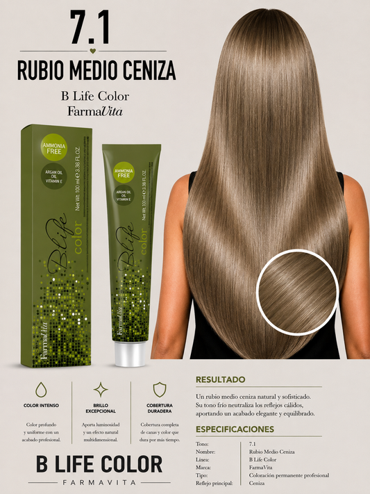 🩶 TINTURA B LIFE COLOR FARMAVITA 7.1 RUBIO MEDIO CENIZA 🩶
