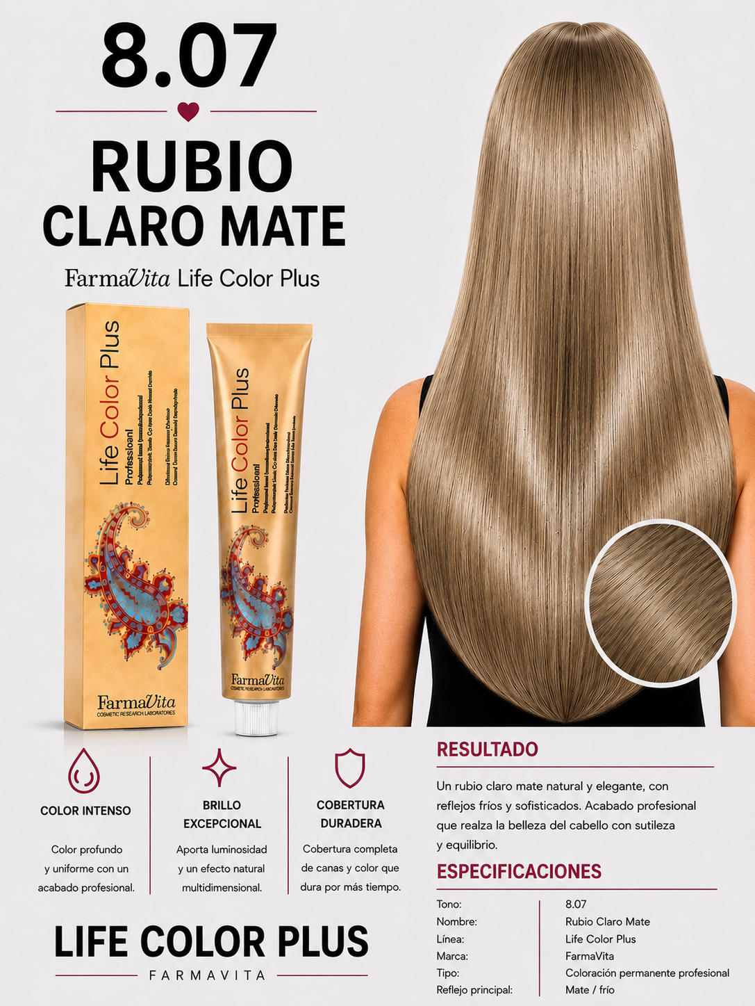 Farmavita Life Color Plus 8.07 Rubio Claro Mate – Tintura Profesional 100 ml