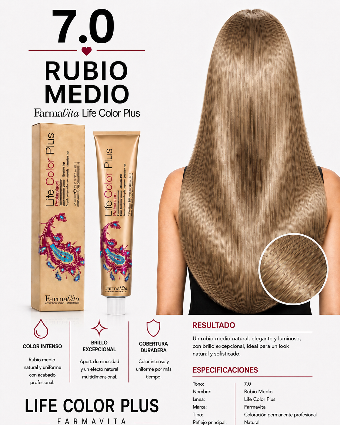 Farmavita Life Color Plus 7.0 Rubio Medio – Tintura Profesional 100 ml