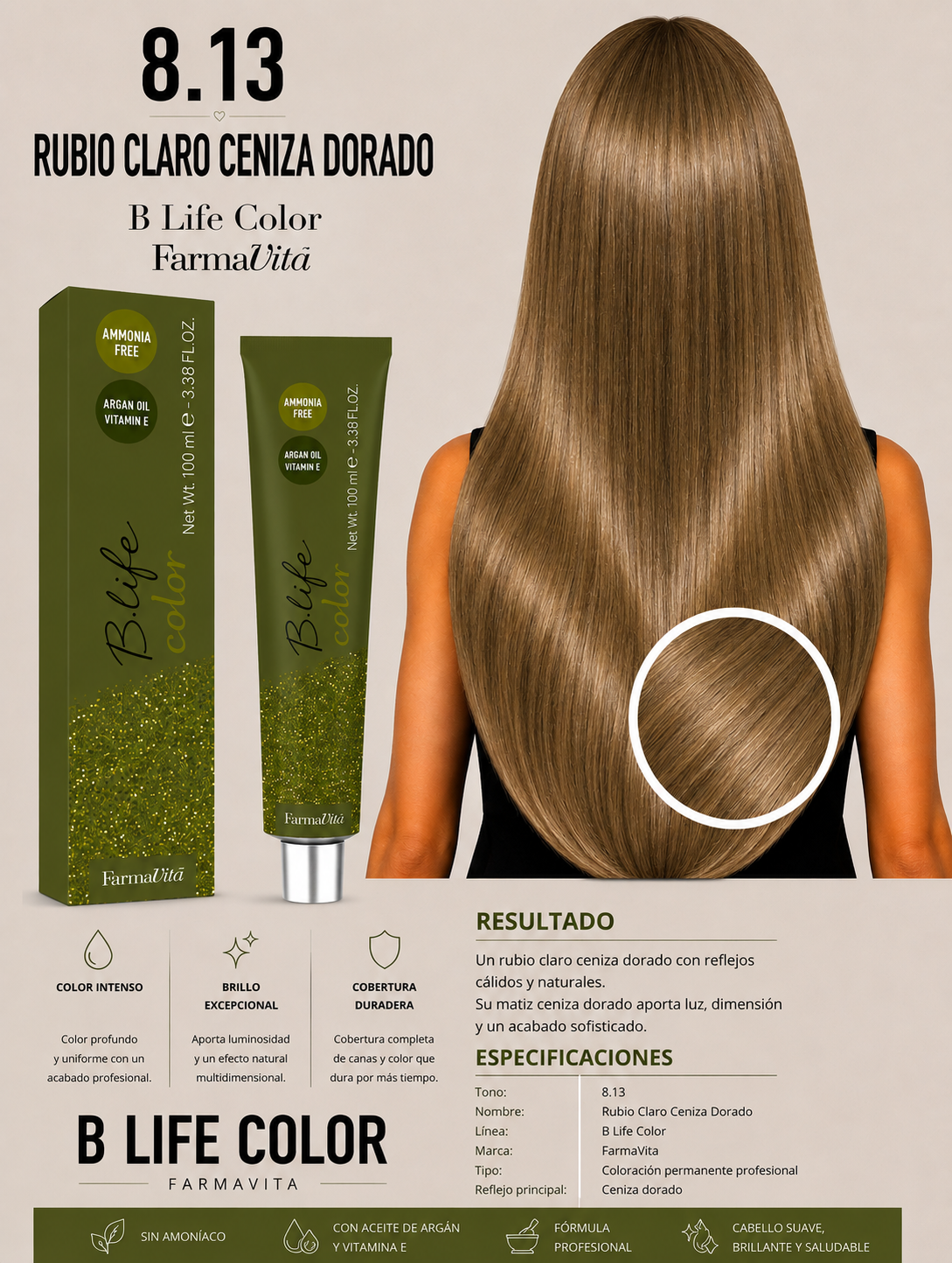 ✨ Tinte B Life Color FarmaVita 8.13 – Rubio Claro Ceniza Dorado ✨