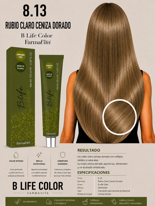 ✨ Tinte B Life Color FarmaVita 8.13 – Rubio Claro Ceniza Dorado ✨